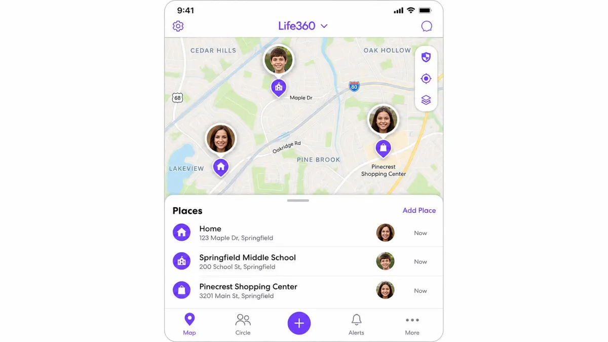 Life360's live Circle map showing three family member avatars pinned at home, school, and a shopping center, with a Places list along the bottom of the screen.