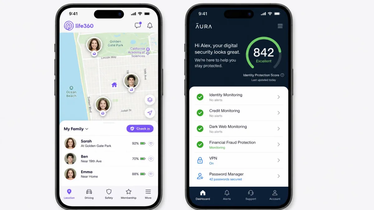 Two phones side by side, the left showing Life360's family location map and the right showing Aura's digital security dashboard with an identity protection score.