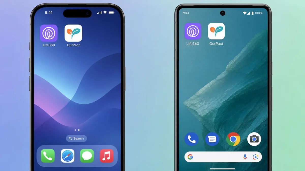 Life360 and OurPact app icons shown on both an iPhone home screen and an Android home screen, illustrating cross-platform support for each app.
