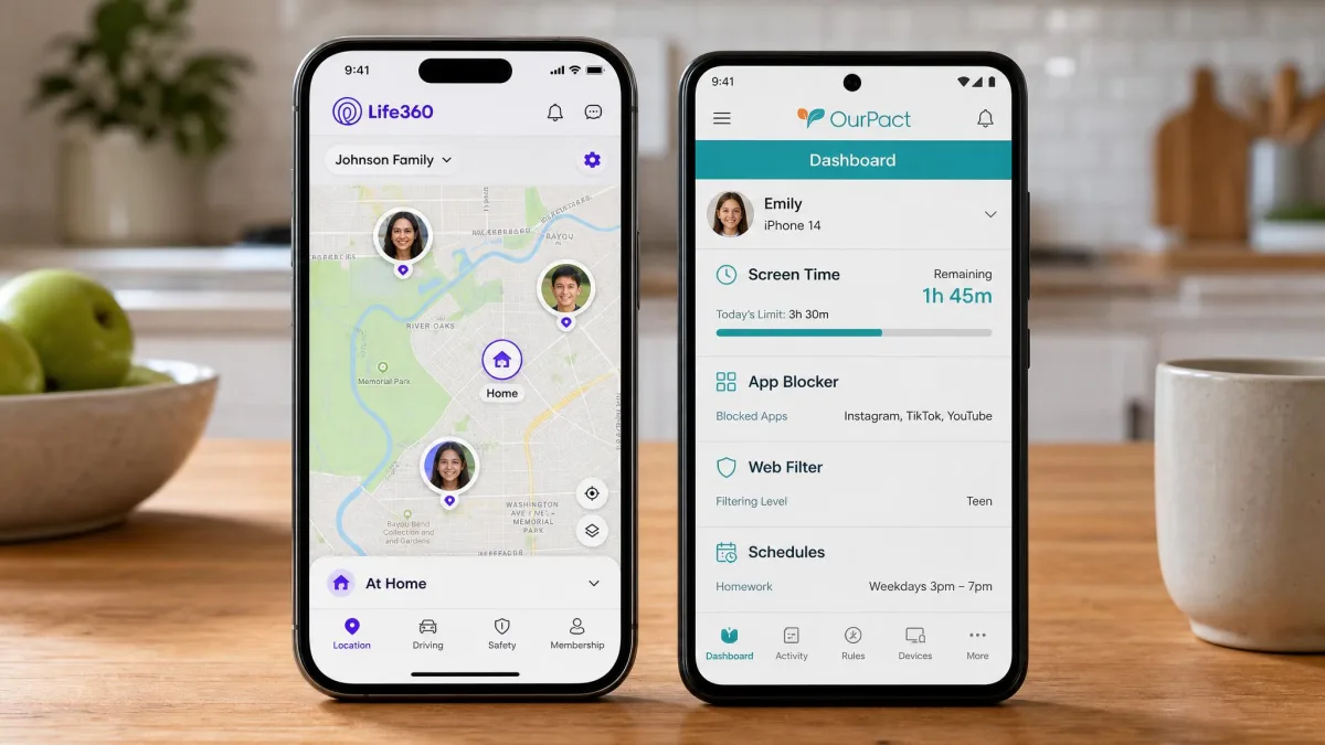 Two smartphones side by side on a kitchen table, one showing the Life360 family location map and one showing the OurPact parental controls dashboard.