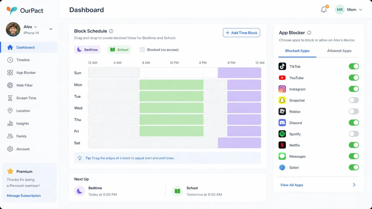 OurPact parent dashboard showing a drag-and-drop block schedule grid for bedtime and school hours, with an app blocker panel listing individual apps toggled on and off.