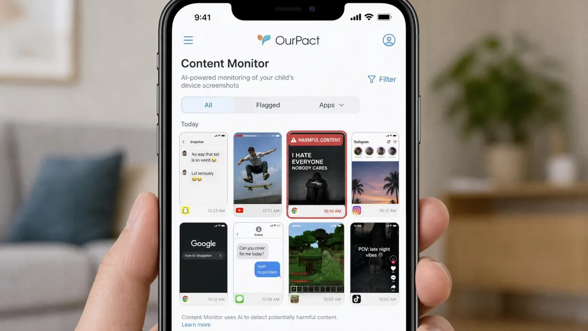 OurPact Content Monitor view on a parent's phone showing a grid of captured child-device screenshots, one flagged by AI with a red harmful-content warning badge.