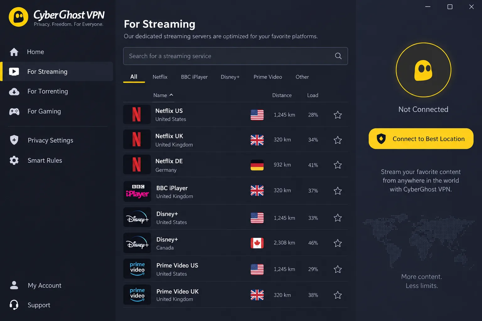 CyberGhost's server list filtered to streaming servers, with entries labelled for Netflix US, BBC iPlayer, Disney+ and Prime Video.