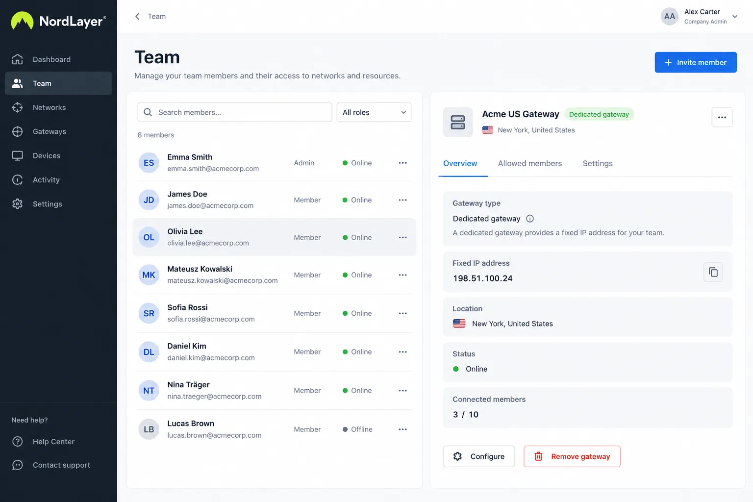 NordLayer's admin panel showing a team list on the left and a dedicated gateway with its fixed IP address on the right.