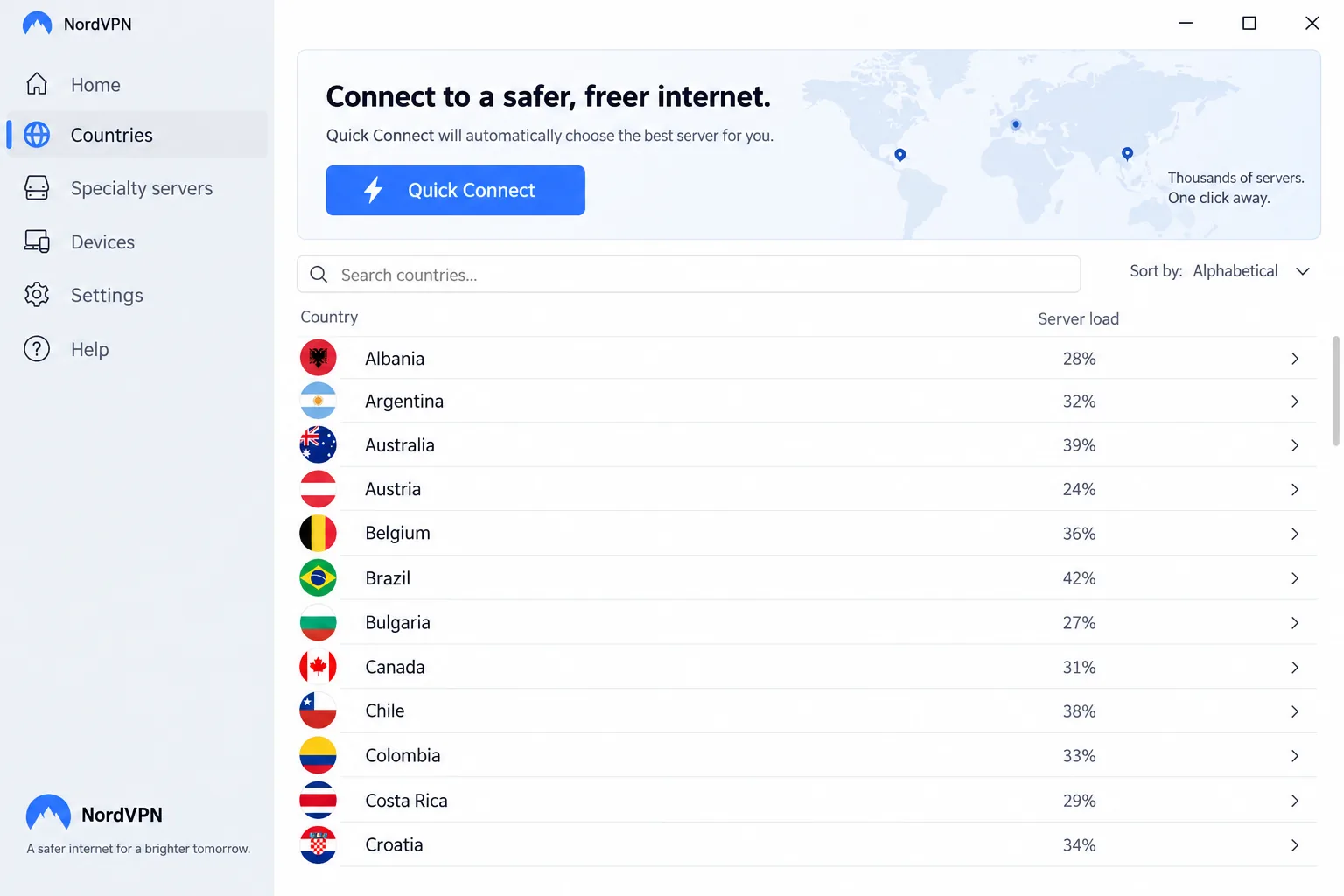 NordVPN's Windows app in list view, showing countries with their server load next to each name and the Quick Connect button above.