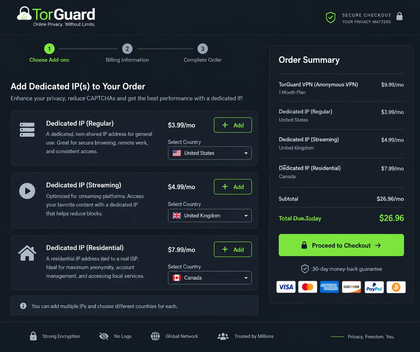 TorGuard's checkout page listing dedicated regular, streaming and residential IP add-ons with a country drop-down for each.