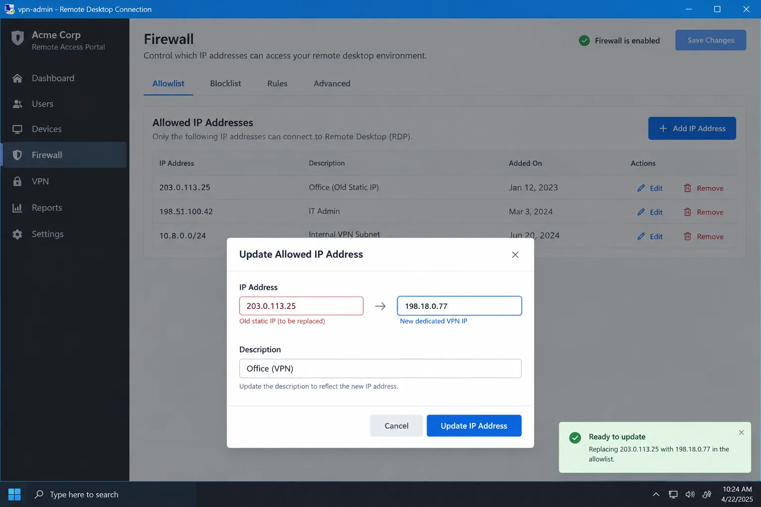 A remote-desktop firewall settings screen where an old static IP address is being replaced with a new dedicated VPN IP in the allowlist.