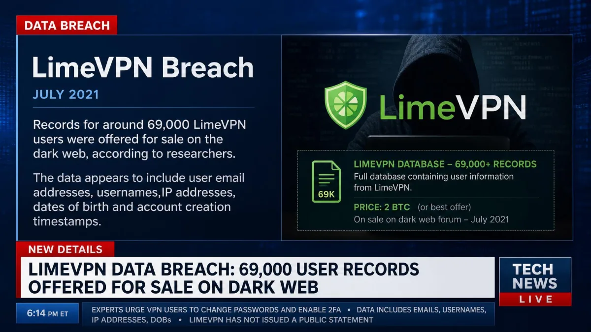 A news report screen describing the July 2021 LimeVPN data breach, noting that records for around 69,000 users were offered for sale on the dark web.
