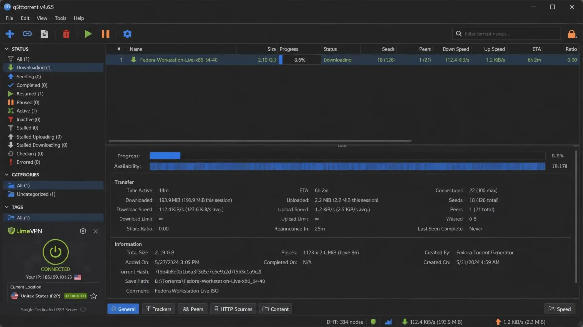 A torrent client showing a slow download in progress while connected to LimeVPN's single dedicated P2P server, with a low transfer speed visible.
