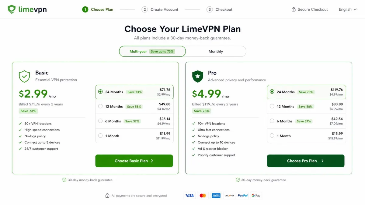 The LimeVPN checkout page showing its Basic and Pro plan pricing tiers side by side with monthly and multi-year term options.