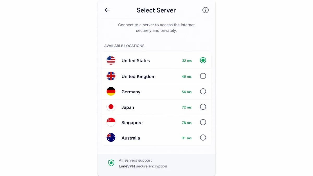 The LimeVPN app server selection screen listing available country locations, showing a short list compared with mainstream VPN clients.