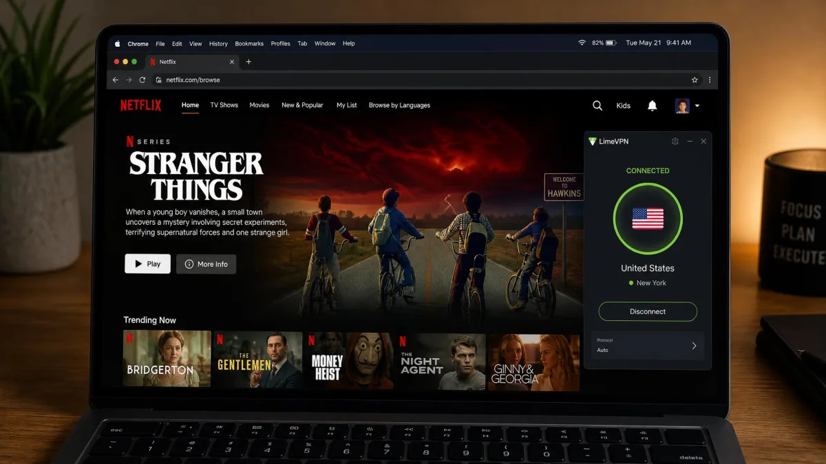 A laptop screen showing US Netflix playing while connected to a LimeVPN US server, with the VPN connection indicator visible in the corner.