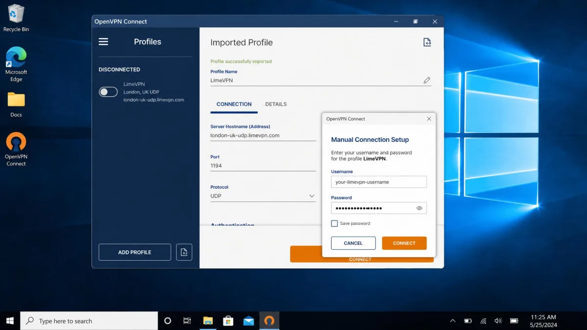 A Windows desktop showing the OpenVPN client with a LimeVPN configuration file imported, mid-way through a manual connection setup.