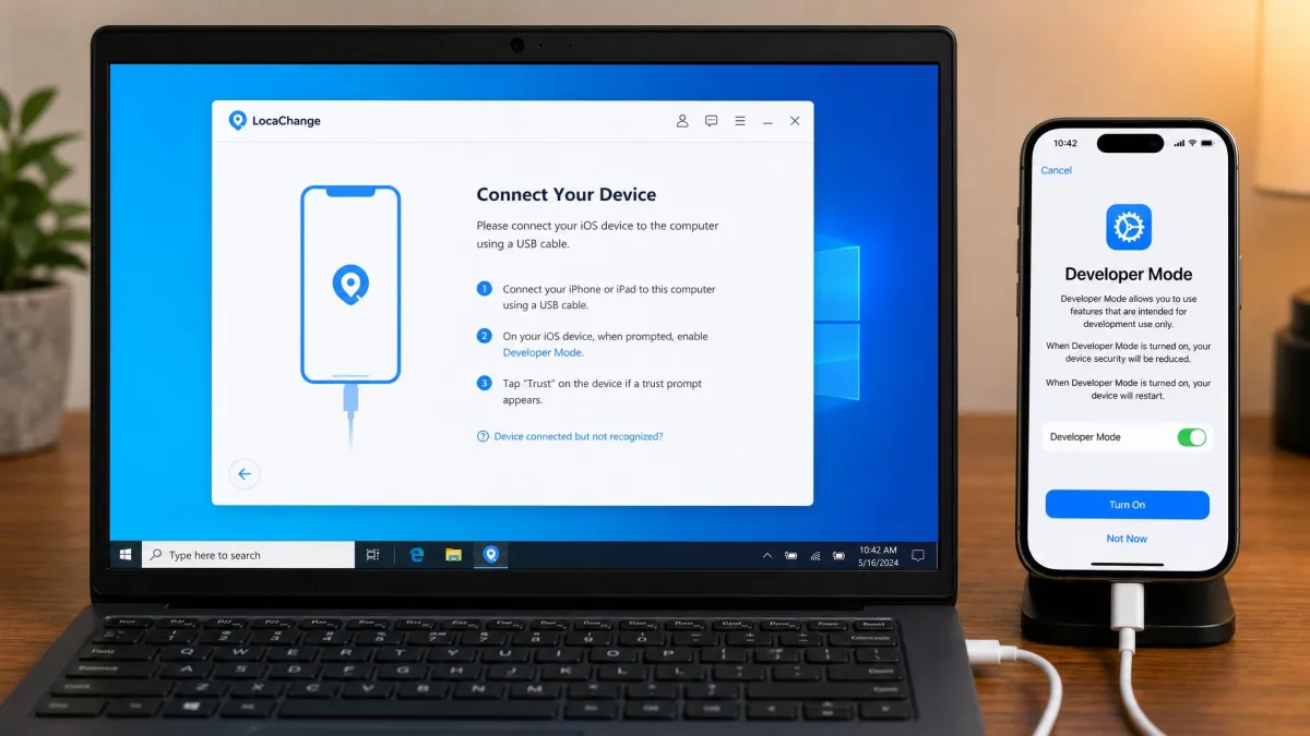 LocaChange's iOS setup screen on a Windows laptop showing the connect-by-USB instruction alongside the iPhone Developer Mode toggle prompt on the phone screen.