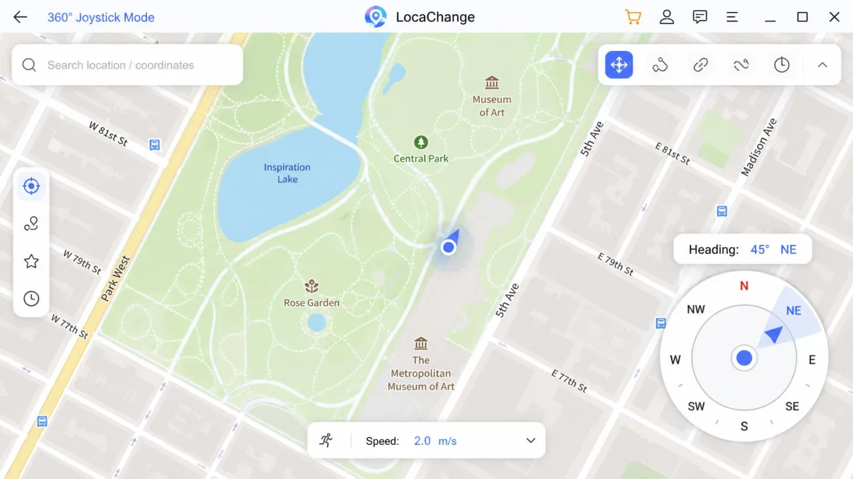 LocaChange's 360-degree Joystick Mode overlay on the map view, with the circular direction dial in the lower right corner and the current heading shown above it.