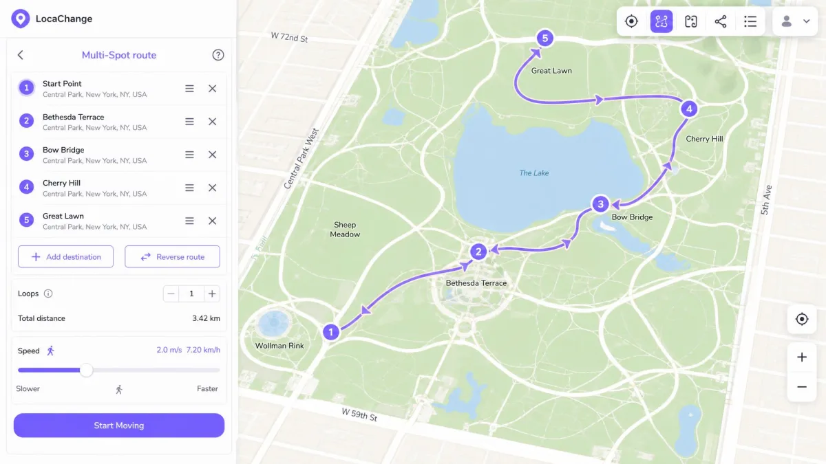 LocaChange's Multi-Spot route mode with five numbered waypoints plotted along a park path and the speed slider set to a walking pace at the bottom of the panel.
