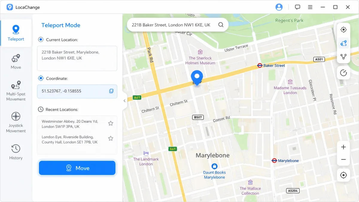 LocaChange's Teleport Mode on the desktop app with a map pin dropped on a city street, the coordinate readout in the sidebar, and the Move button highlighted.
