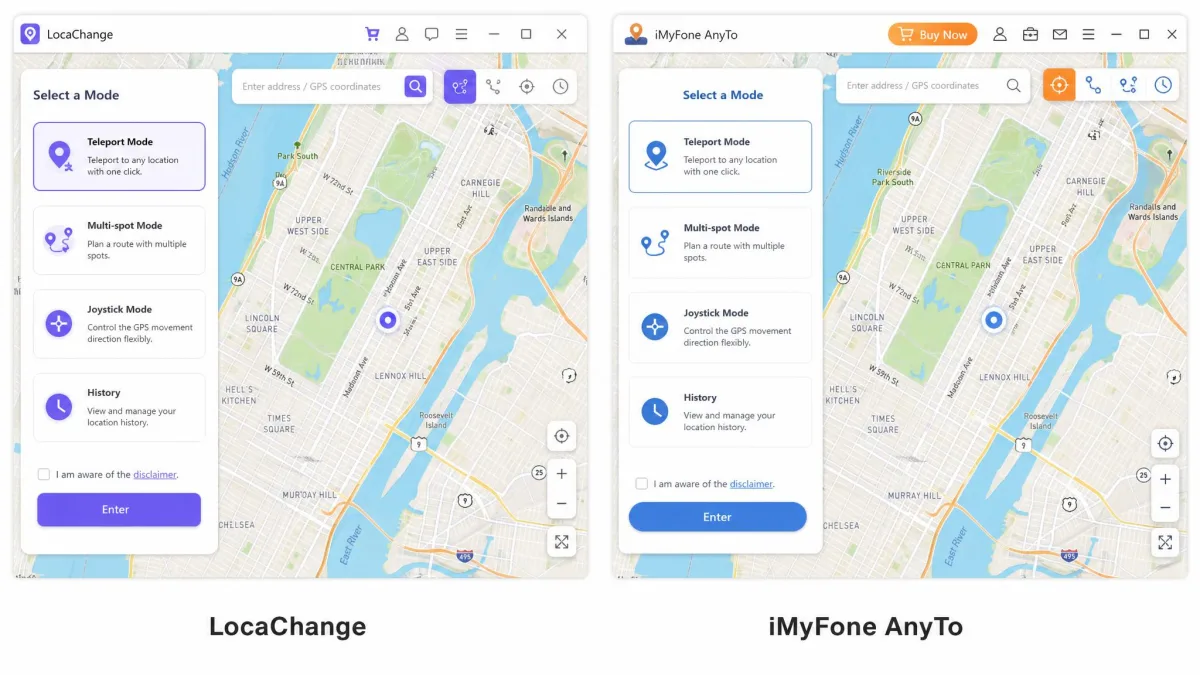 Side-by-side screenshots of the LocaChange and iMyFone AnyTo desktop interfaces, both showing map views with the mode selector panel on the left.