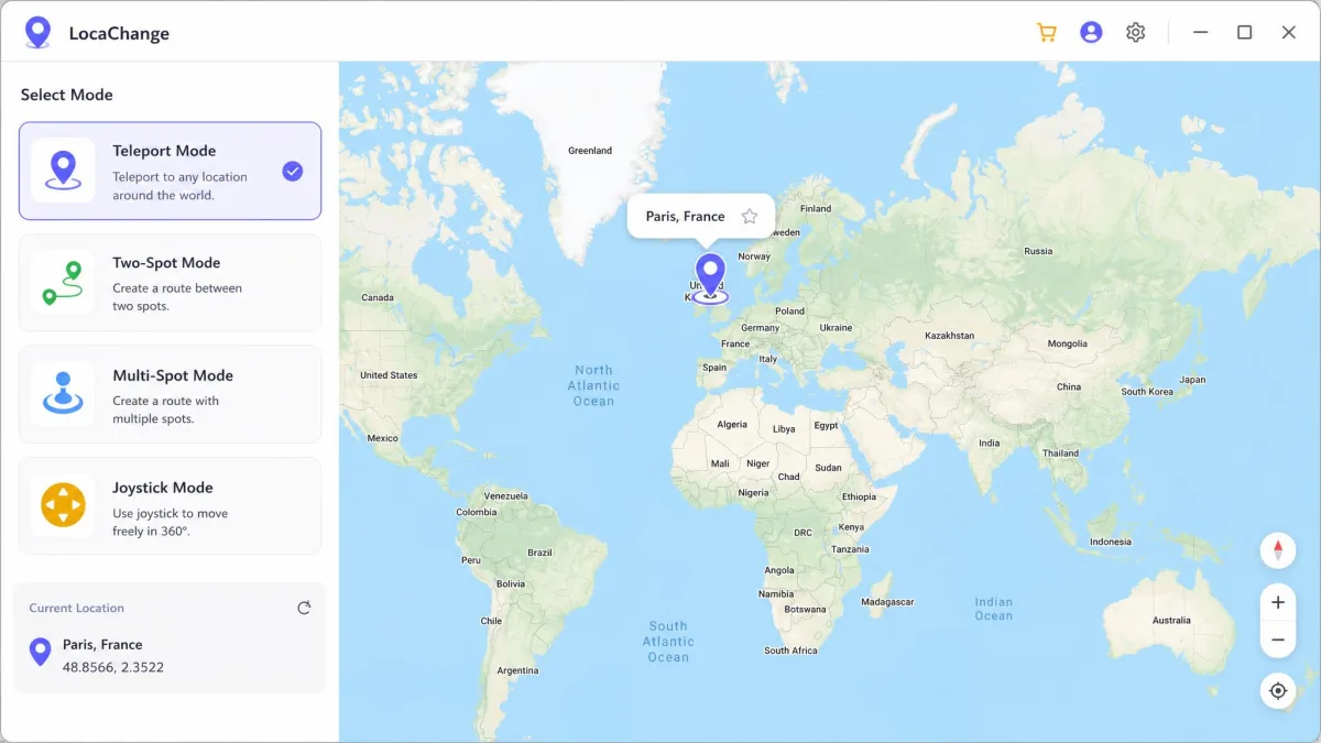LocaChange desktop app showing a world map with a teleport pin over Paris and the mode selection panel on the left side.