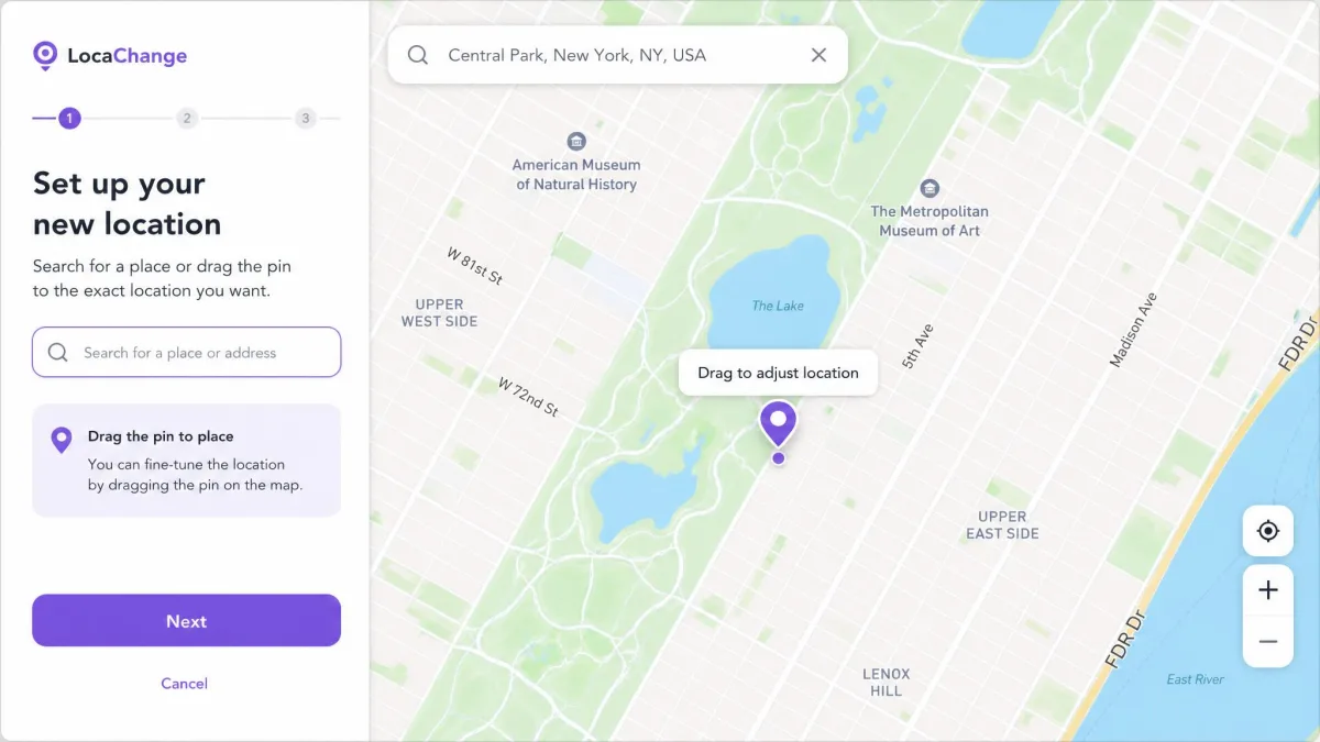 LocaChange map screen during setup, with a search box and a draggable pin ready to place the new location.