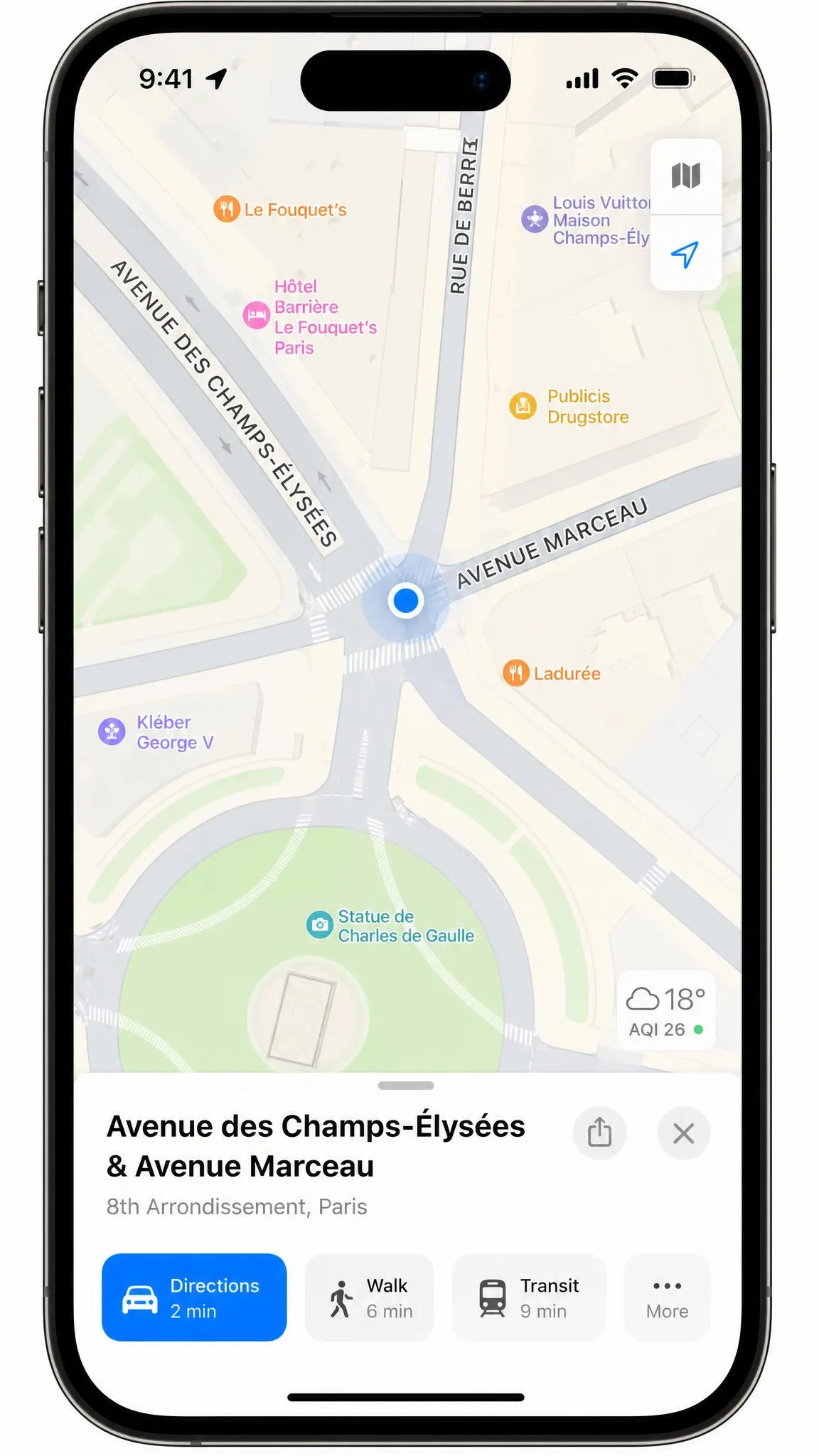 Apple Maps on the iPhone showing a blue location dot at a Paris intersection after the LocaChange teleport.