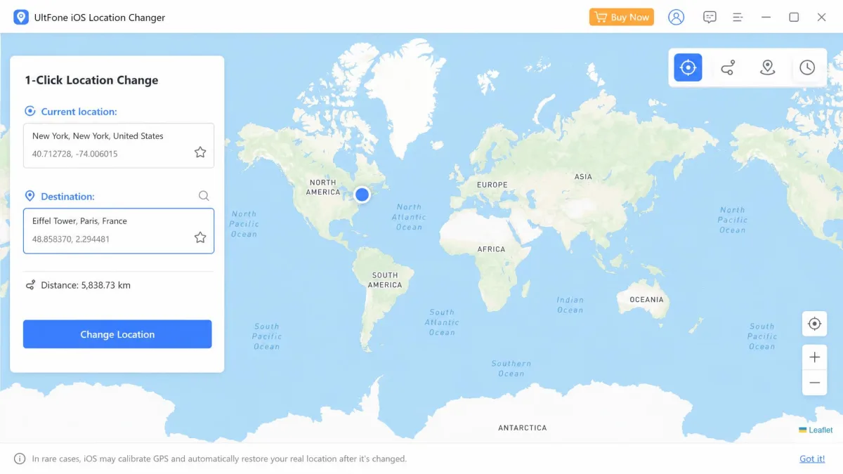 UltFone iOS Location Changer desktop app with the 1-click location change panel open over a world map.