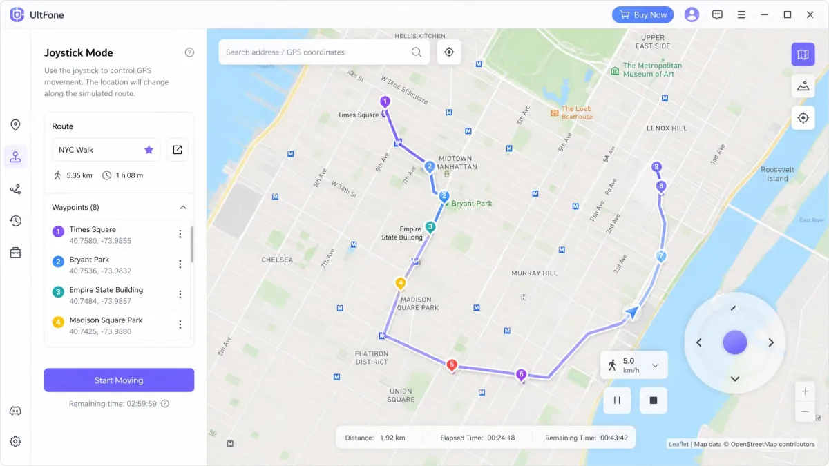 UltFone joystick mode on the desktop app with a simulated walking route drawn across a city map.