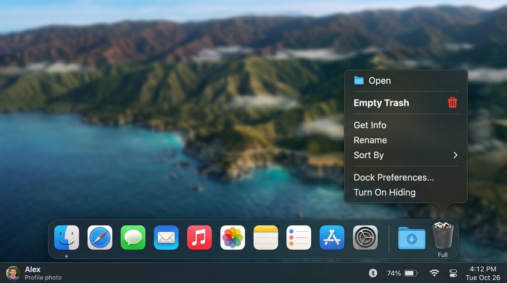 The macOS Dock with the Trash icon Control-clicked open, showing the Empty Trash option highlighted in the context menu.