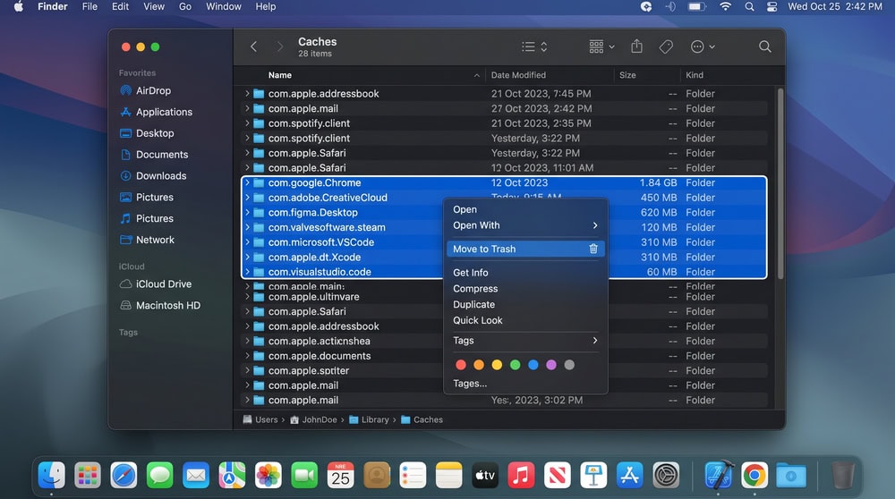 A Finder window showing the ~/Library/Caches folder on macOS with several app cache subfolders selected, ready to have their contents deleted.