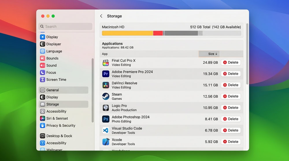 The Applications list inside the macOS Storage settings screen, sorted by size, showing several large apps with their gigabyte sizes and a delete option.