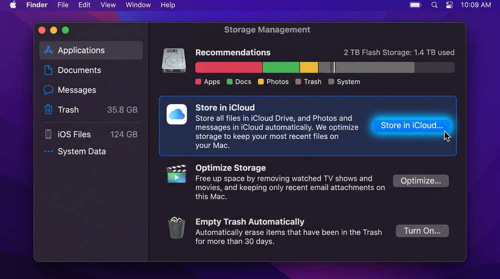 The macOS Storage recommendations panel offering Store in iCloud, Optimize Storage, and Empty Trash Automatically options, with the Store in iCloud button highlighted.
