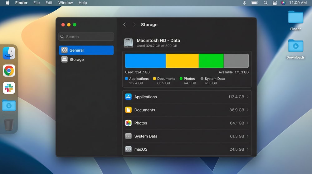 macOS System Settings open to General then Storage, showing the colored storage usage bar broken into Applications, Documents, Photos, and System Data segments with gigabyte totals.