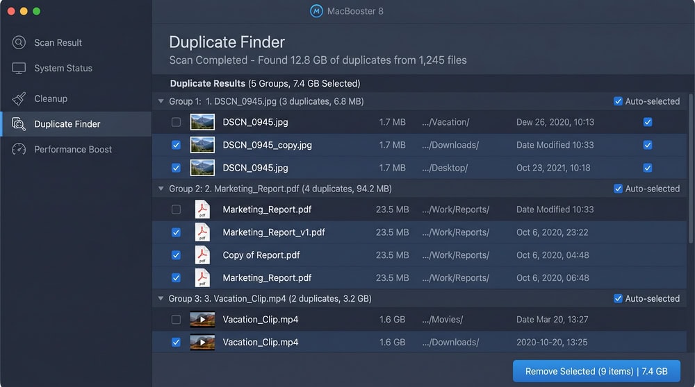 MacBooster 8 Duplicate Finder results showing grouped duplicate files with sizes, preview thumbnails, and auto-select checkboxes.