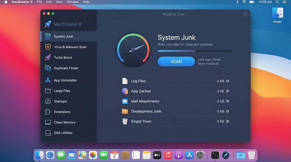 MacBooster 8 left-hand sidebar listing the System Junk, Virus & Malware Scan, Turbo Boost, and Duplicate Finder modules.