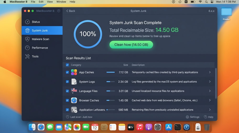 MacBooster 8 System Junk scan results listing app caches, system logs, and language files with the total reclaimable size.