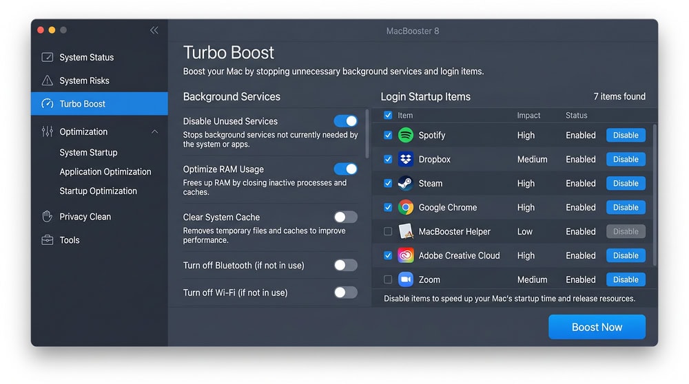 MacBooster 8 Turbo Boost screen showing toggles for background services and a list of login startup items.