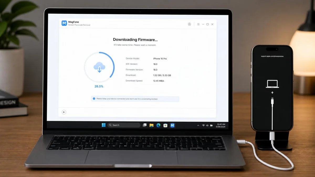 An iPhone 16 Pro connected to a Windows laptop during MagFone's screen passcode removal, with the progress screen showing firmware downloading and the device model and iOS version listed.