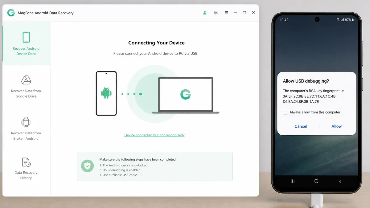 An Android phone showing the USB debugging prompt beside MagFone's device detection screen.