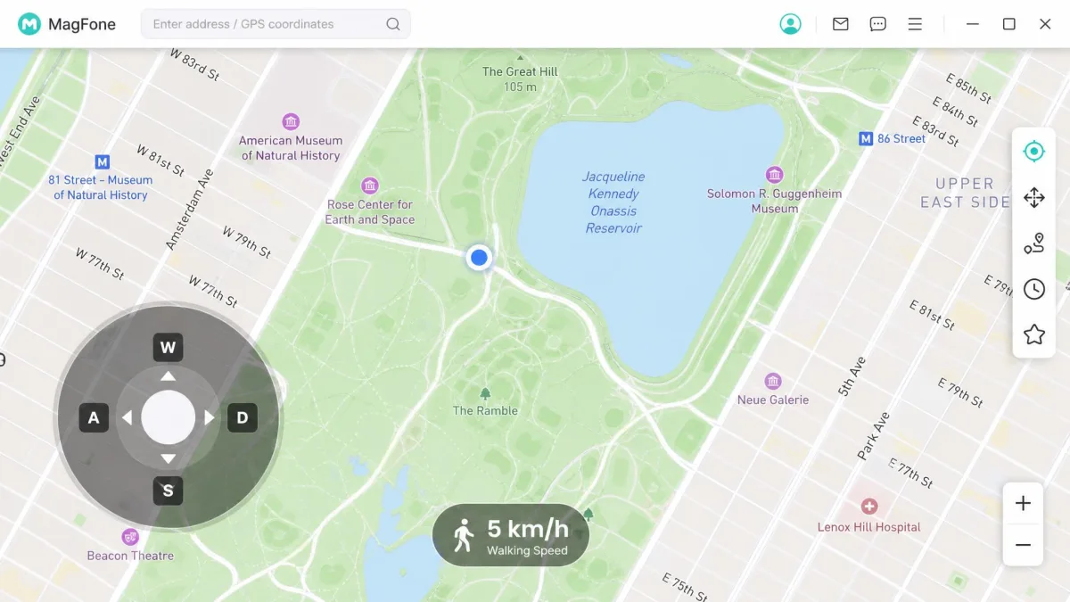 MagFone's joystick overlay on the map, showing W A S D key hints and a 5 km per hour walking speed.