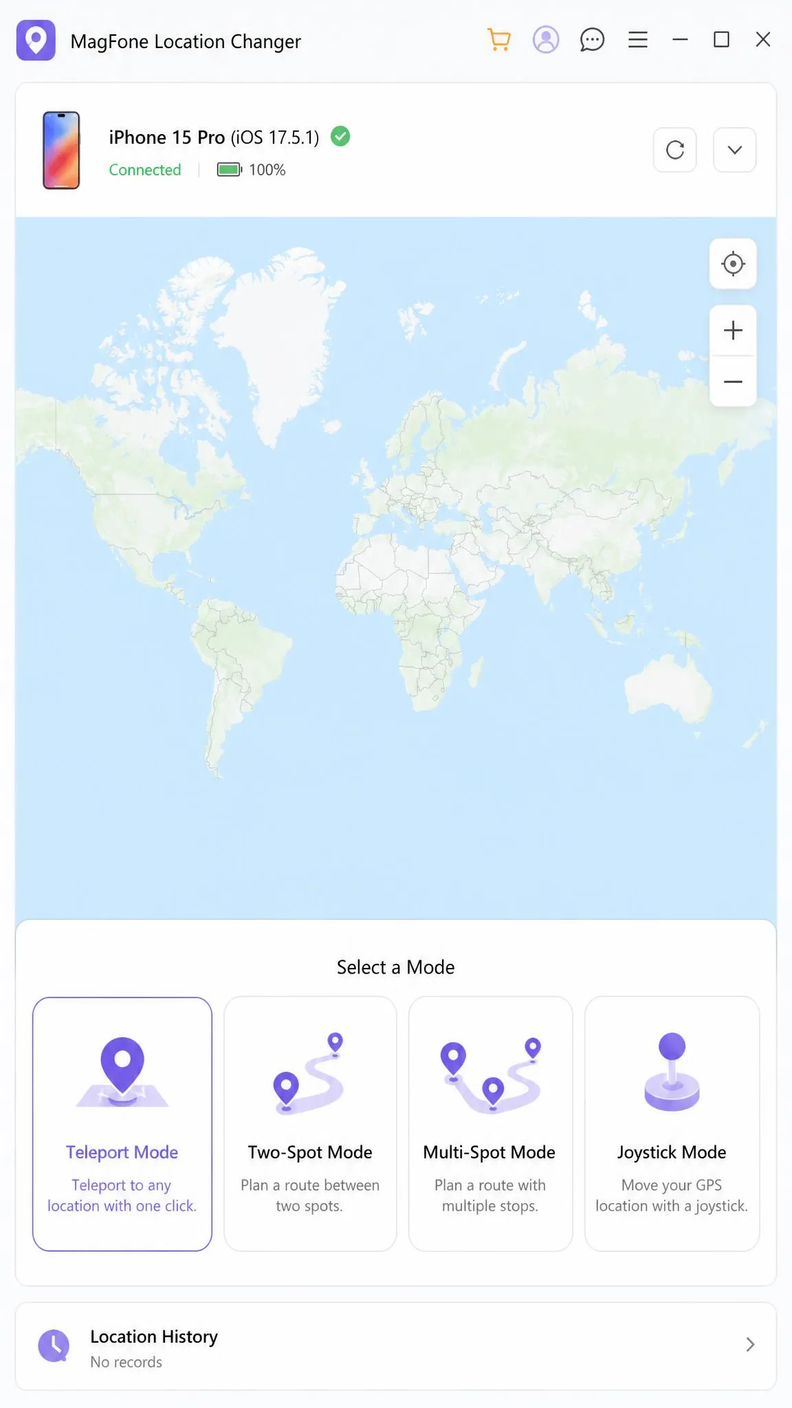 MagFone Location Changer's main window on Windows, with the world map, mode selector icons, and a connected iPhone in the device bar.