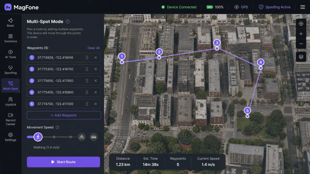 MagFone in Multi-Spot mode with five numbered waypoints along a city street and the speed slider at walking pace.