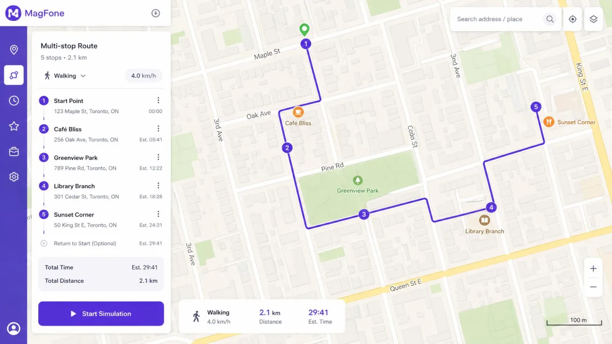 A multi-stop route drawn along neighbourhood streets in MagFone at a walking speed.