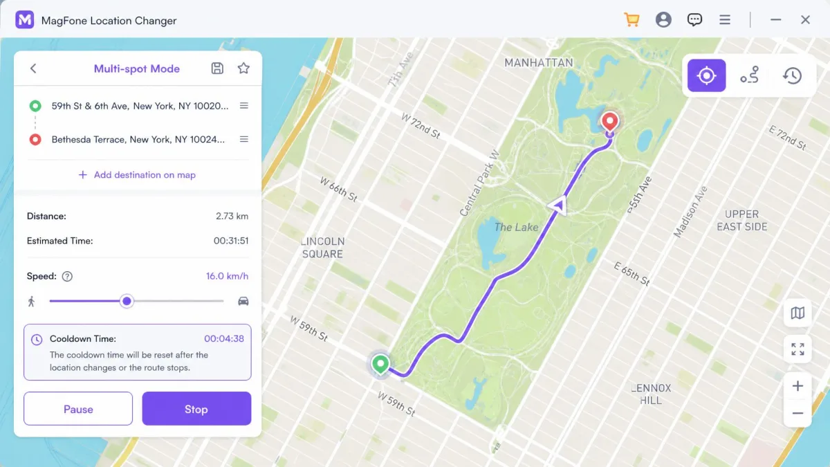 MagFone's speed slider set between walking and driving pace, with the cooldown timer counting down in the route panel.