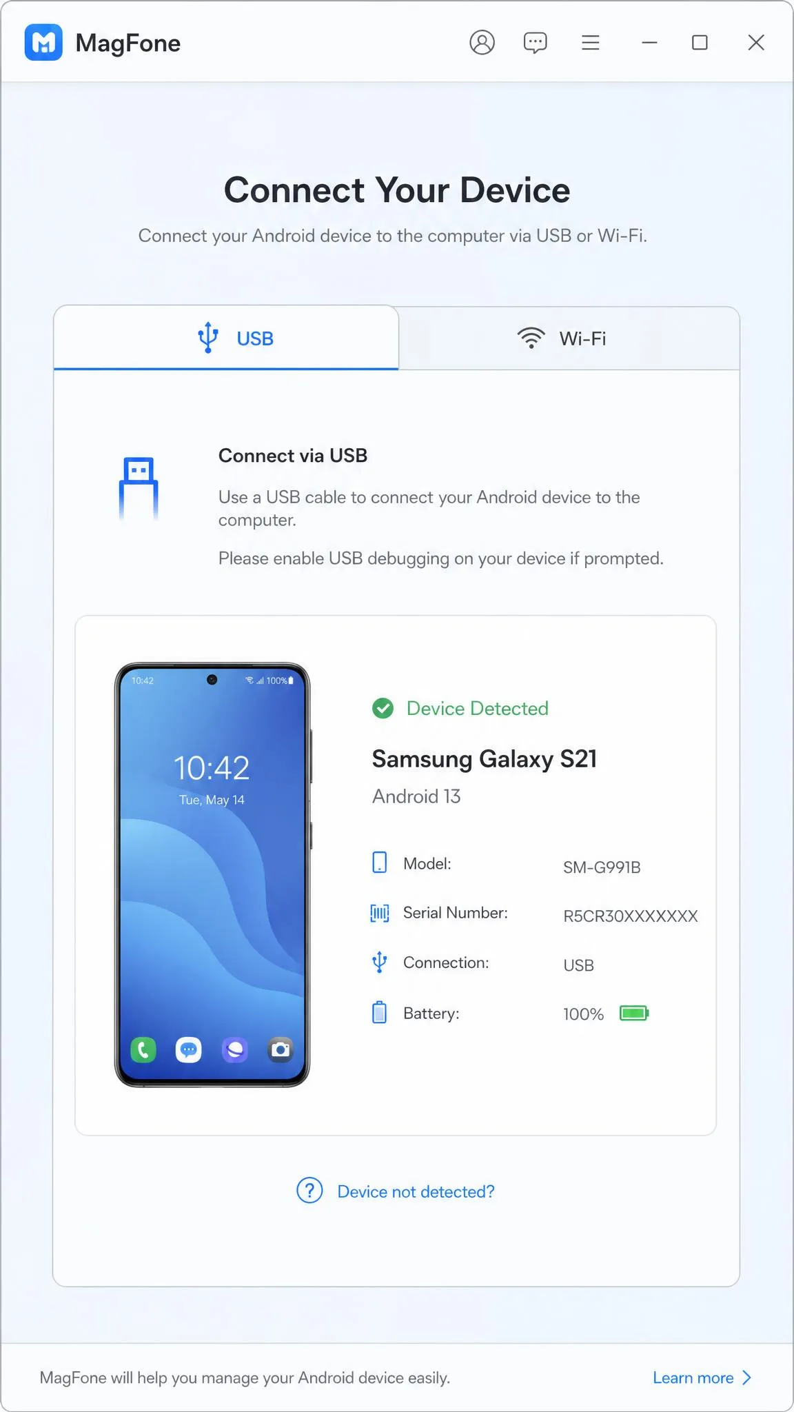 MagFone's connection screen with USB and Wi-Fi tabs and a detected Android handset.
