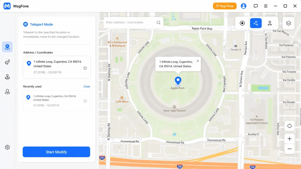 MagFone in Teleport mode with an address pinned on the map and the blue Start Modify button in the side panel.
