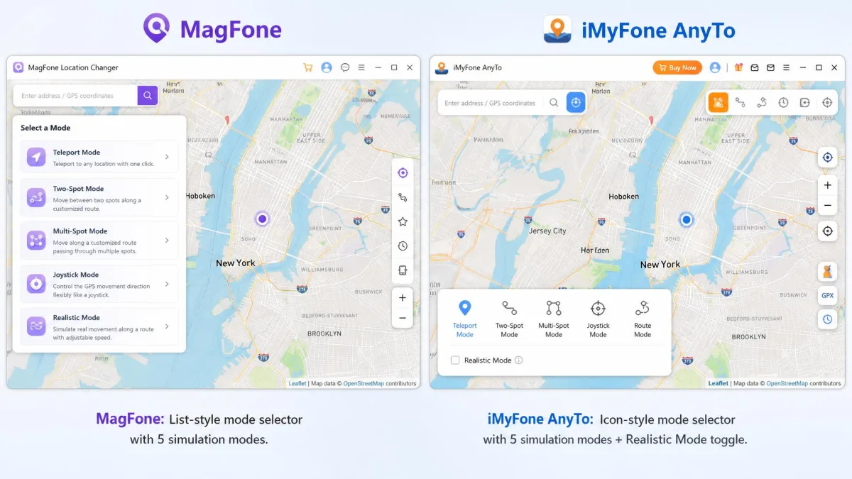 Side-by-side MagFone and iMyFone AnyTo map interfaces on Windows, showing their different mode selectors.