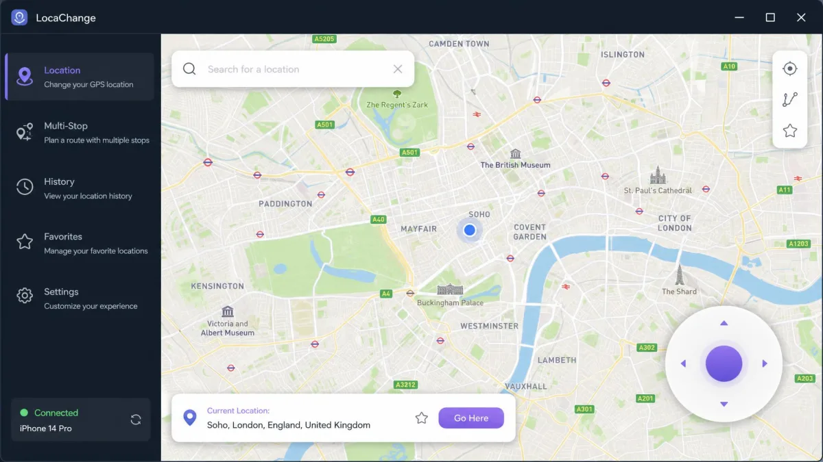 LocaChange desktop app with a map of London, a search field, and a joystick control.