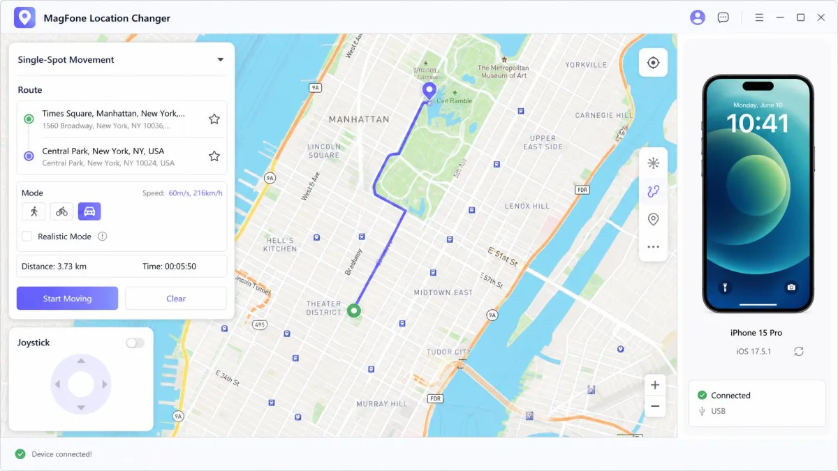 MagFone Location Changer desktop app with a connected iPhone and a route line across a city map.