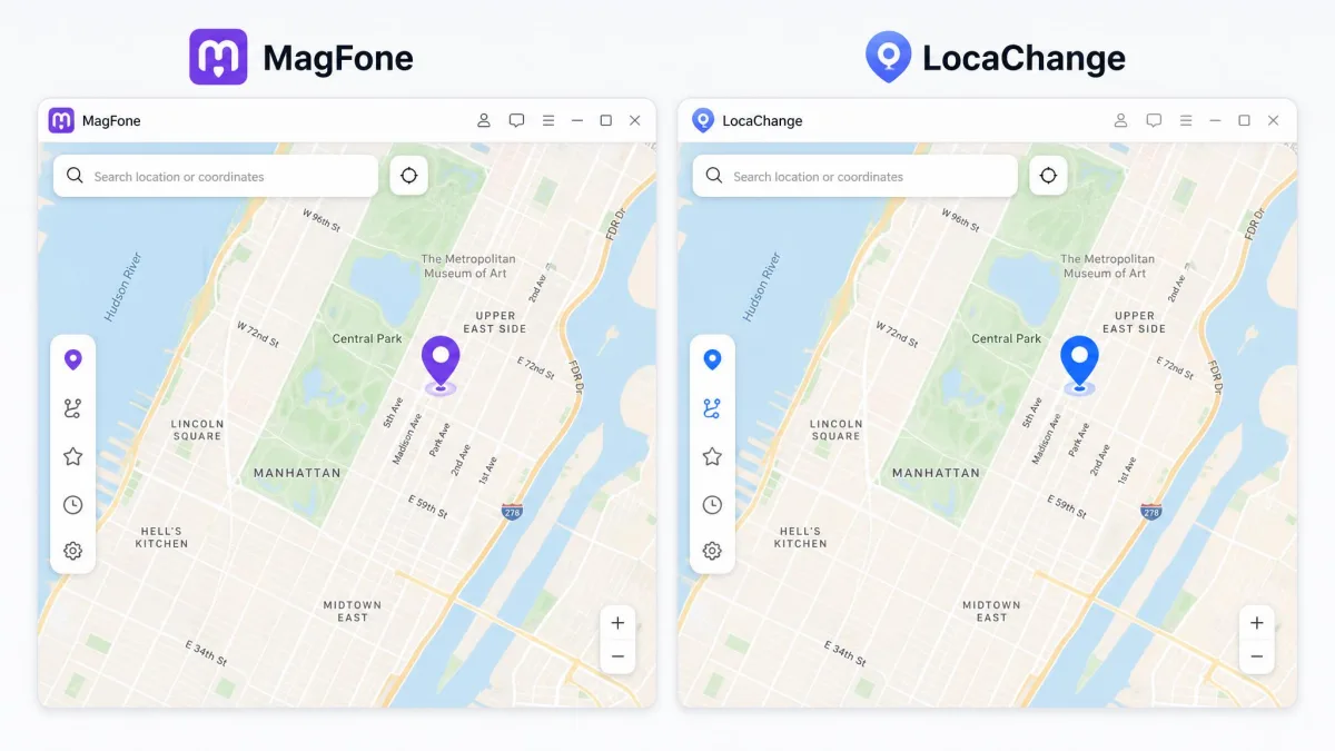 Side-by-side maps of the MagFone and LocaChange desktop apps with a search bar and location pin.
