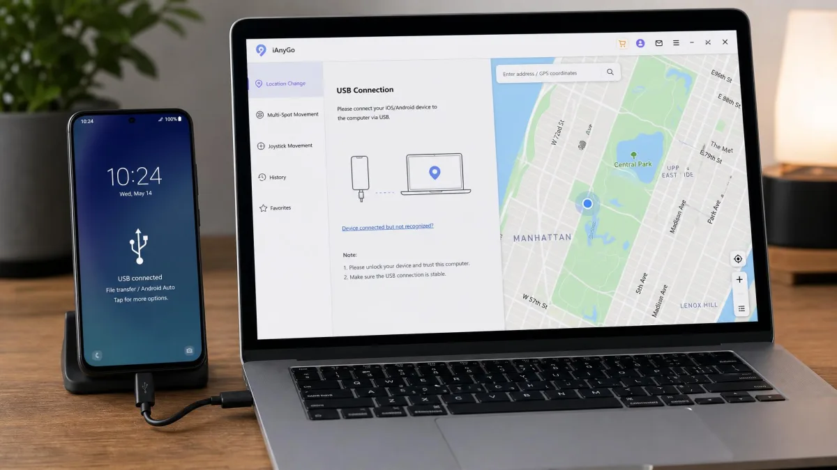 Smartphone beside a laptop running a location changer app in USB connection mode.
